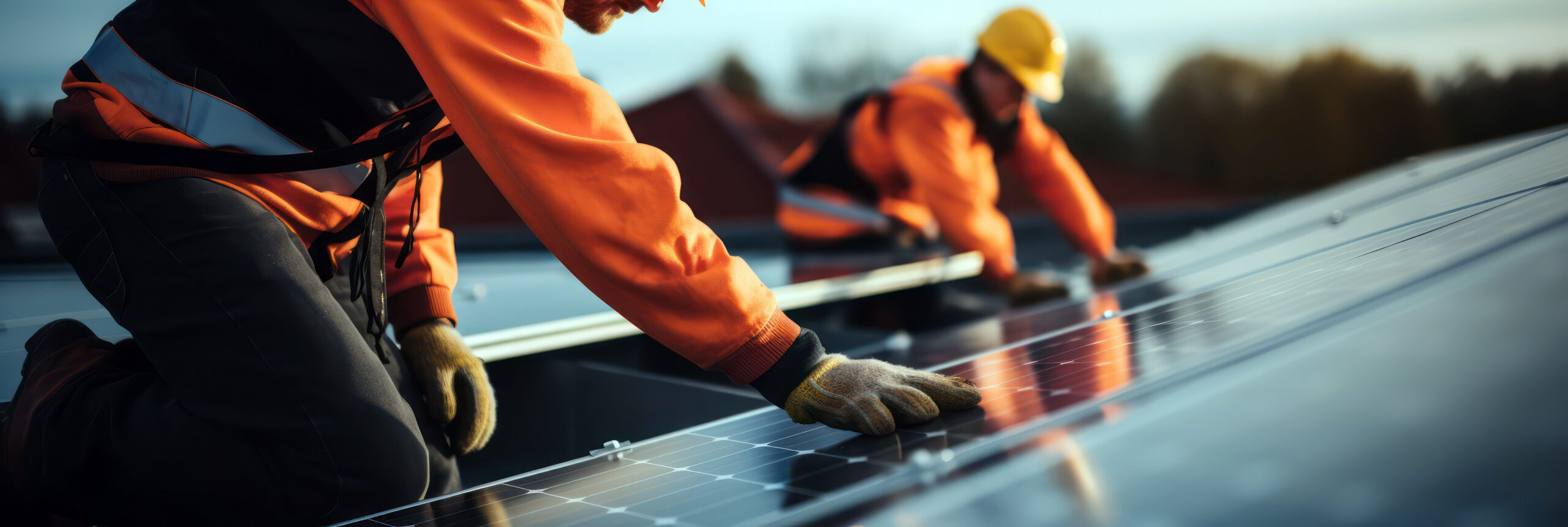 Deux hommes installent un panneau solaire