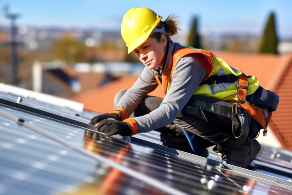 femme electricienne monte un panneau solaire